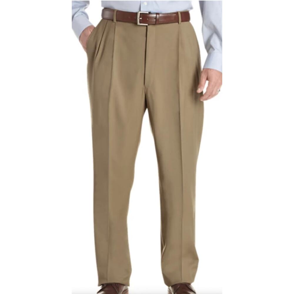 Ballin Mens Khaki Polyester Rayon Pleated Cuffed Dress Work Pants Size 38 x 28